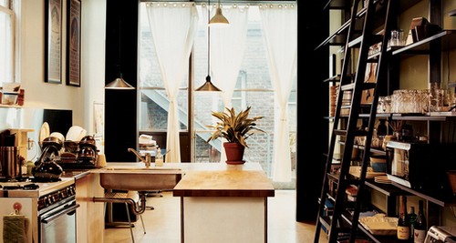 black open shelves and ladder